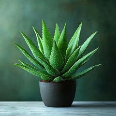 Green succulent plant with pointed, thick leaves in a textured dark pot on a wooden surface against a muted green background