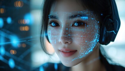 Young woman wearing headphones with a digital blue holographic facial recognition grid overlay, symbolizing advanced technology and futuristic emotions