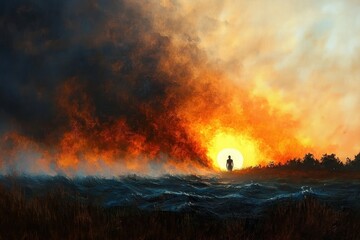 Silhouette of a person standing on a hill against a dramatic fiery sunset with dark smoke clouds and intense orange and blue tones