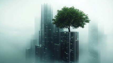 A single lush green tree stands atop a tall modern skyscraper amidst foggy, glass-covered high-rise buildings, blending nature and urban architecture in a serene atmosphere