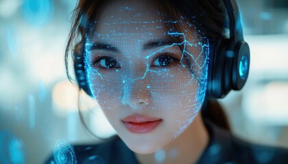 Close-up of a woman wearing headphones with a glowing blue digital facial recognition overlay in a high-tech environment