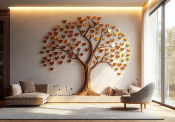 Modern living room with large glass windows featuring a tree wall art adorned with heart-shaped leaves and two comfortable sofas in warm natural light