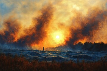 Silhouette of a lone person standing near a turbulent sea with tall grass in foreground and fiery orange sun surrounded by dramatic smoky clouds