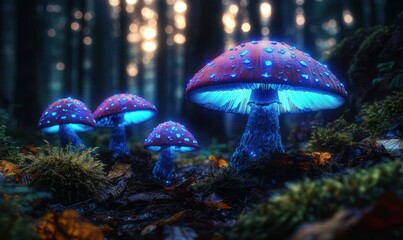 Glowing red mushrooms with blue luminescence growing in a dark forest with blurred trees and light filtering through in the background, creating a magical atmosphere