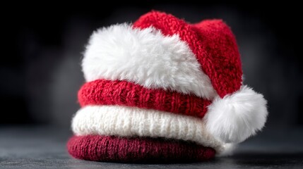 Stacked knitted Santa hats in red and white with fluffy trim and pom pom detail