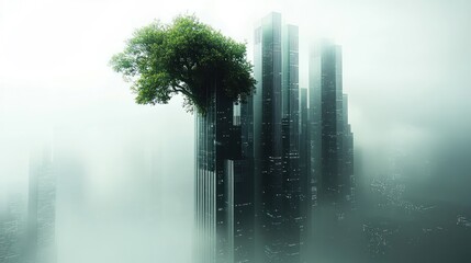 Large green tree growing atop a tall futuristic skyscraper surrounded by fog and multiple high-rise buildings in a misty cityscape