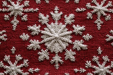 Close-up of red knitted fabric with raised white snowflake patterns creating a cozy winter atmosphere
