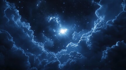 Starry night sky with bright glowing star shining through thick, dark clouds creating a mystical and serene atmosphere