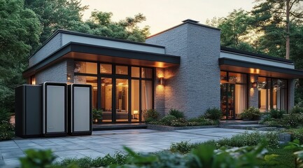 Modern single-story house with large glass windows and warm interior lighting surrounded by greenery during early evening