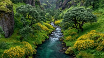 A lush green canyon carved by a flowing river adorned with mossy rocks and abundant yellow wildflowers