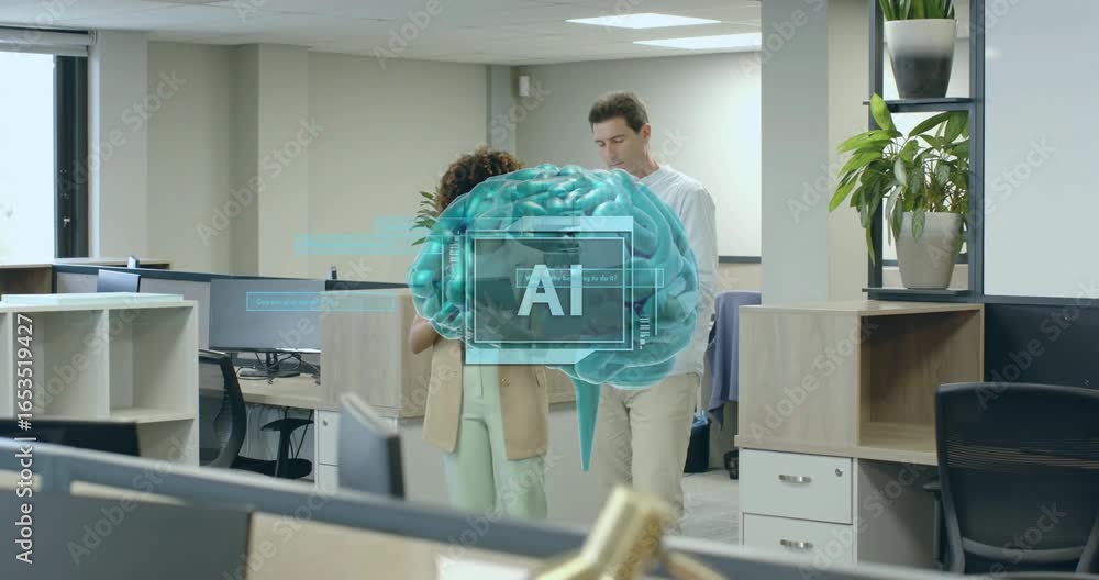 Poster colleagues tapping tablet in office generating ai brain hologram with data streams for analysis