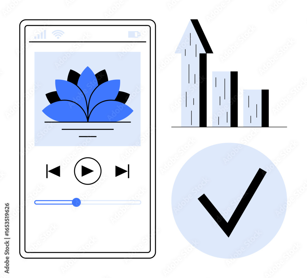 Poster mobile screen with media player displaying a lotus, upward bars symbolizing growth, and checkmark fo