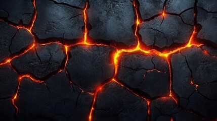 Close-up of dark volcanic rock surface with glowing red-orange lava cracks emitting heat and light