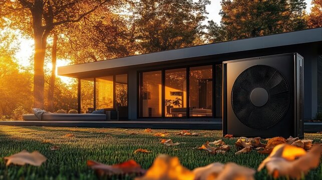 Modern house with large glass windows reflecting autumn trees during golden hour with outdoor heating or cooling unit on green lawn scattered with fallen leaves
