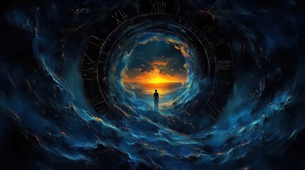 Silhouette of a person standing inside a swirling cosmic vortex resembling a giant clock with roman numerals, looking toward a glowing orange sunset through dark blue clouds
