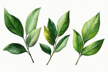 Obraz premium Three detailed green leafy branches with varying shades and smooth textures on a white background