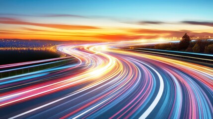 Dynamic light trails on highway at dusk capture speed and modern transport