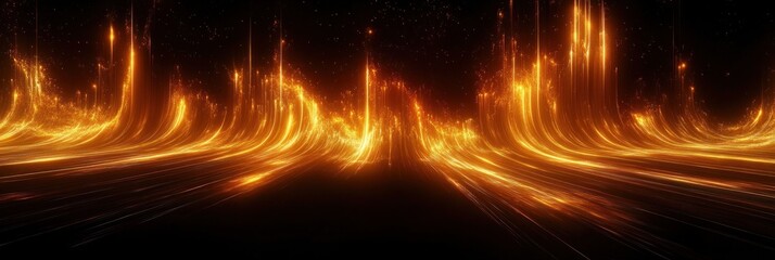 Glowing golden light streams flowing upward and downward over a dark background creating a dynamic futuristic effect