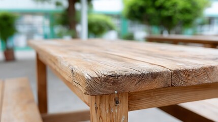 Fototapeta premium Close up of a weathered wooden picnic table with a blurred background of trees and building