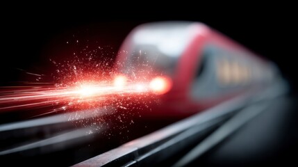 Blurry red and white train moving fast on tracks with bright glowing sparks