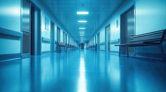 Empty hospital corridor with closed doors on both sides and wooden benches along the walls under bright ceiling lights - Powered by Adobe