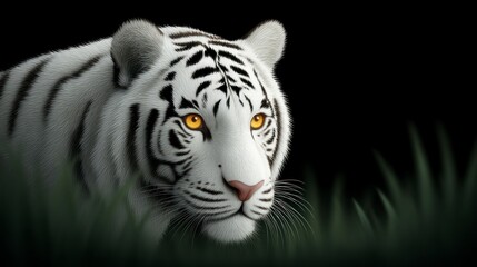 Obraz premium Close up of a majestic white tiger with striking yellow eyes partially hidden in tall green grass