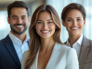Obraz premium Three young professional coworkers smiling confidently in business attire in a bright modern office setting