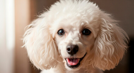 Close-up of a Smiling Poodle with Fluffy White Fur 