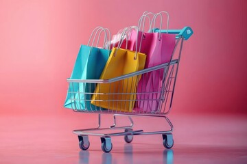 Small shopping cart filled with colorful paper shopping bags against a pink background conveying shopping and retail concepts