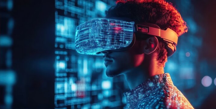 Young man wearing virtual reality headset immersed in a digital futuristic environment with blue and red lighting - Powered by Adobe