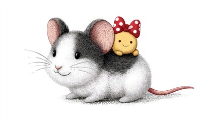 Cute black and white hamster with a small yellow character wearing a red polka dot bow on its back