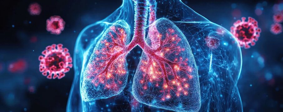 Digital illustration of human lungs highlighting bronchial structures and inflammation caused by virus particles floating around the chest area