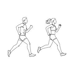 Running man and woman, isolated vector illustration in continuous line drawing style. Run, side view. Silhouettes of athletic looking male and female runners running.