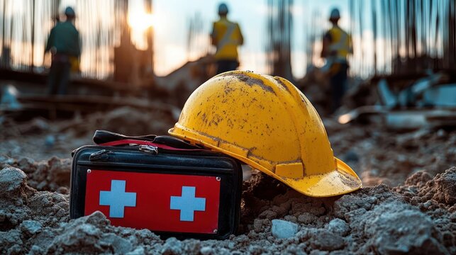 Worn yellow construction helmet and red first aid kit placed on dirt ground at a construction site with workers blurred in background during sunset