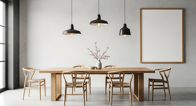 Frame mockup, ISO A paper size. Dining room wall poster mockup. Interior mockup with long wooden table and six chairs. Japandi natural design. 3D render