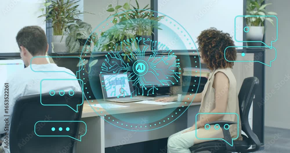 Poster office coworkers analyzing data with ai circuit overlay while colleague pausing typing for stretch