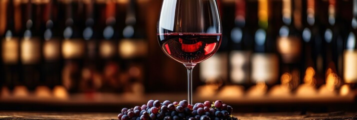 Close-up of a glass of red wine with a bunch of fresh grapes in front, bottles blurred in the background creating a cozy and elegant atmosphere