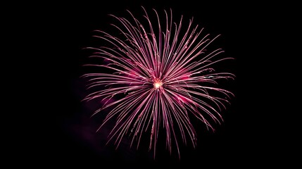 A vibrant, magenta-hued firework display explodes in a spectacular burst against a dark night sky.