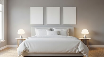 Frame mockup, ISO A paper size. Bedroom wall poster mockup set. Interior mockup with three frames above headboard. Minimalist Japandi style. 3D render.j