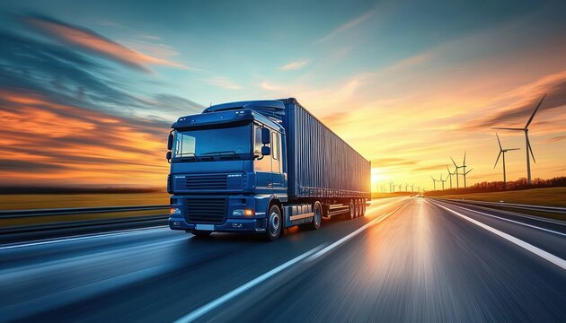 Blue semi-truck driving on open highway with wind turbines at sunset under colorful sky