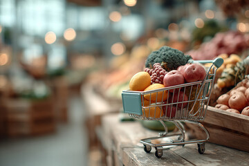 Blue shopping cart contains fresh fruits and vegetables in a market setting, ideal for posters or branding.
