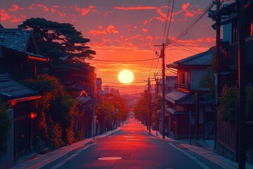 Quiet street at sunset with glowing sun setting between traditional houses and trees, casting red and orange hues over the empty road
