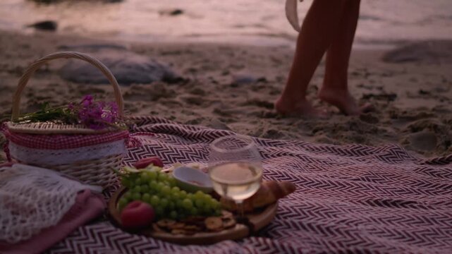 beautiful summer picnic at sunset on beach