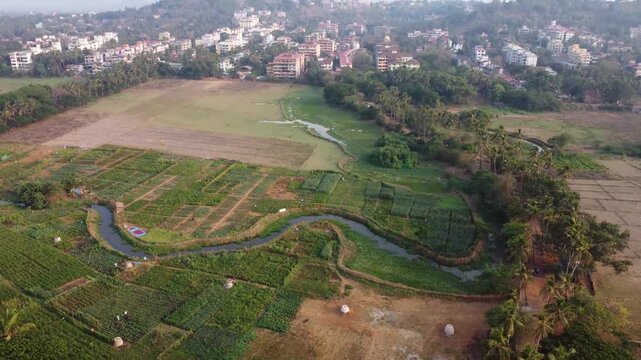 river stream in the field - drone