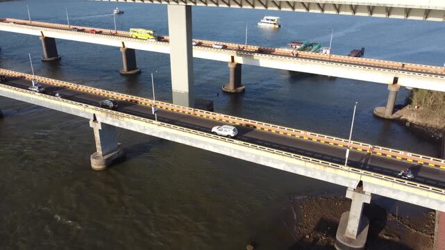 tilt up shot of cable bridge atal setu