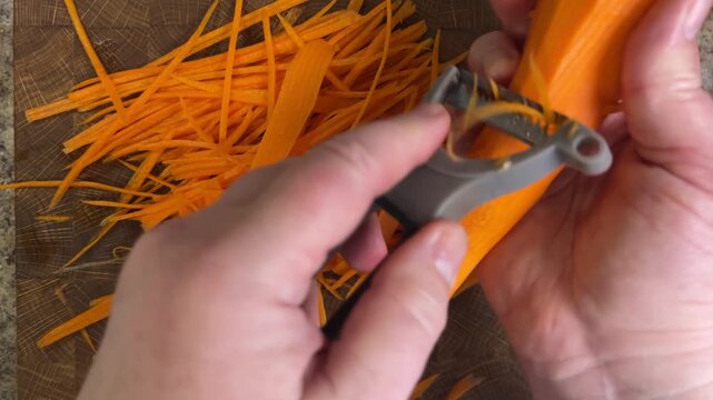 woman peeling carrots with peeler.