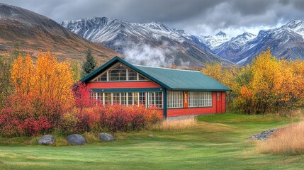 Scenic Autumn Retreat: A Cozy Cabin Nestled Amidst Mountains and Vibrant Foliage