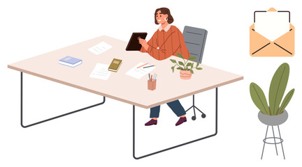 Woman sitting at desk using a tablet, surrounded by books, documents, stationery, and plants. Envelope and potted plant nearby. Ideal for office, productivity, creativity communication focus
