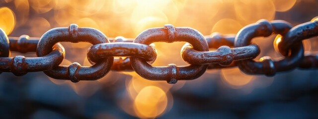 Close-up of a rusty metal chain with interlocking links illuminated by warm golden sunlight creating a glowing bokeh background