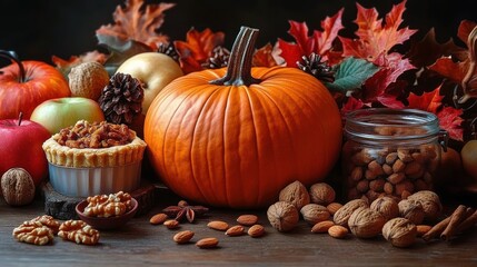 Autumn harvest display featuring a large pumpkin, assorted nuts, small pies, apples, glass jar of nuts, pine cones, and colorful fall leaves creating a warm seasonal atmosphere